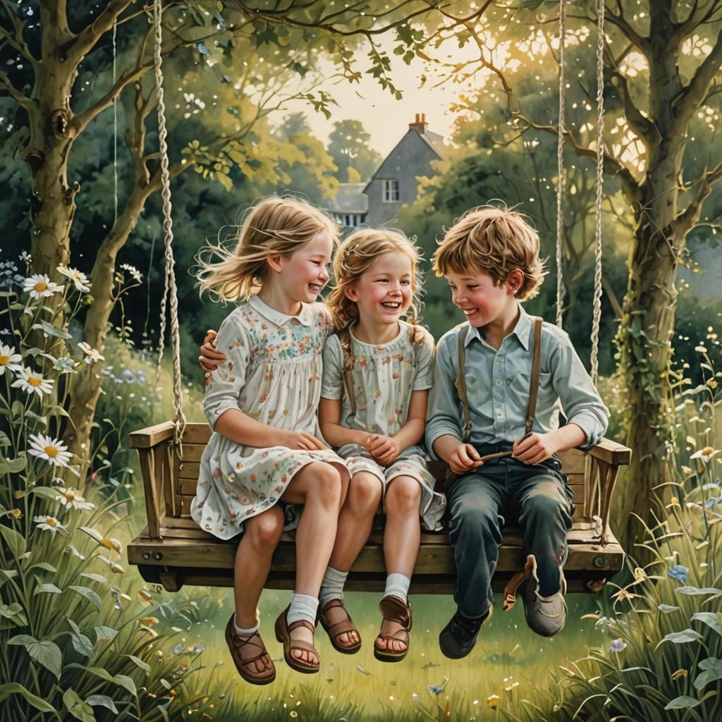 Siblings Laughing on Porch Swing: Intricate Watercolor Art