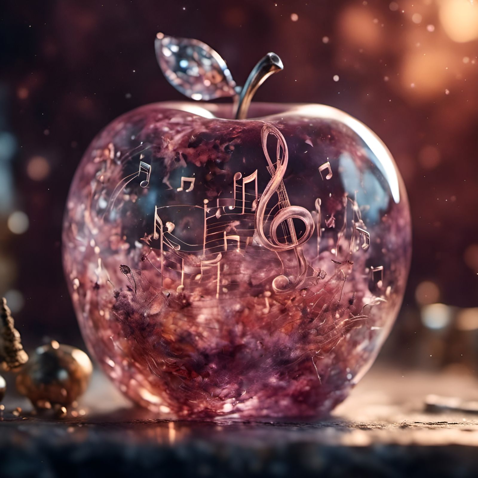 Crystal Apple with Floating Musical Instruments