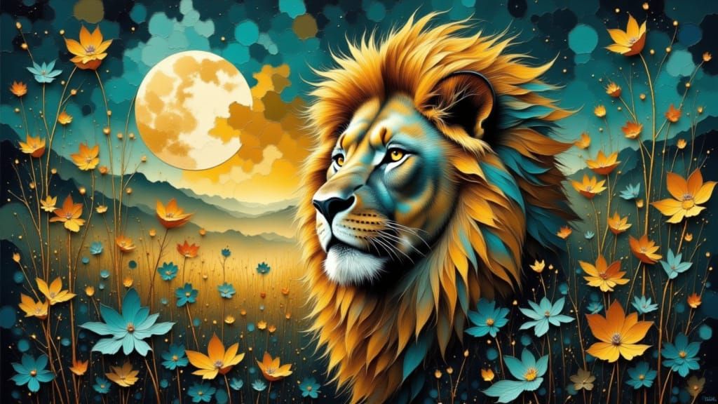 Regal Lion in Surreal Jungle with Golden Threads