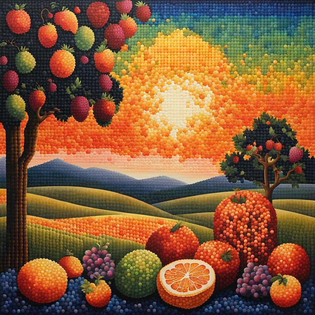 Pointillist Sunset Over Tranquil Countryside Landscape