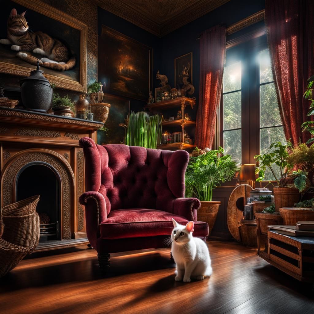 Hyperrealistic Cat-Rabbit Hybrid in Magical Living Room