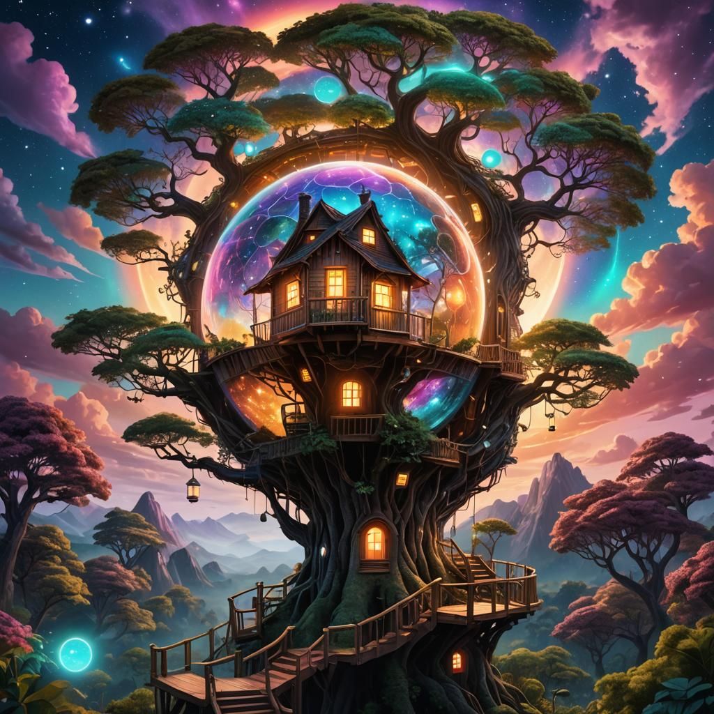 Magical Treehouse in Glowing Orb: Cosmic Illustration
