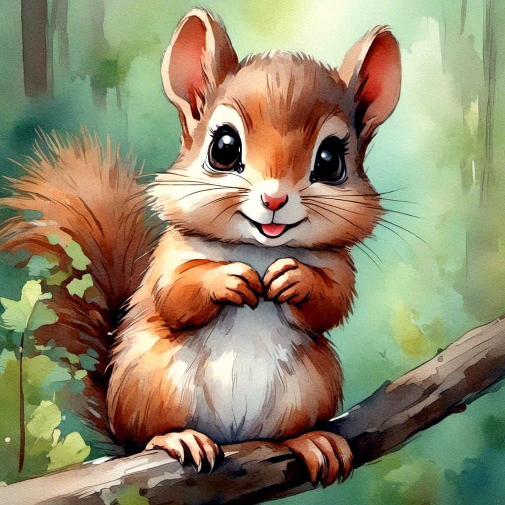 Cute Baby Squirrel Watercolor with Doe Eyes