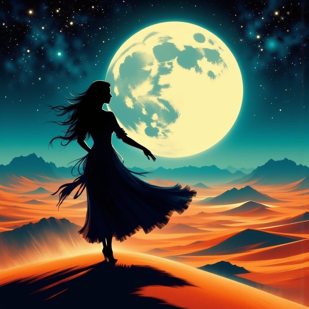 Gypsy Dancer Silhouette Against a Desert Moon