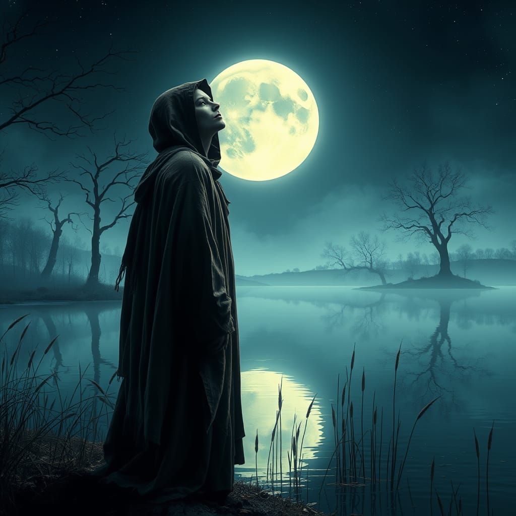 Hooded Figure by Moonlit Lake in Digital Art Style