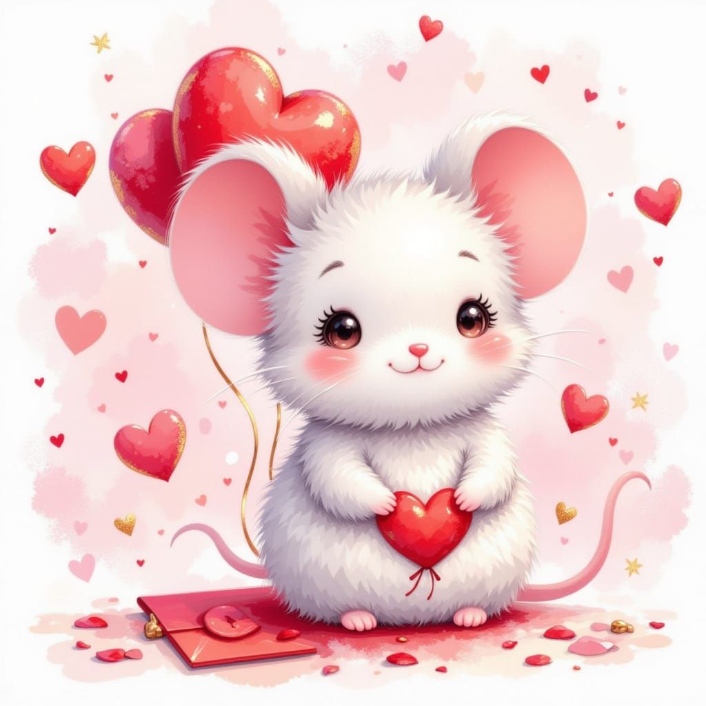 Chubby Mouse with Heart Balloons in Watercolor Style