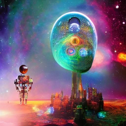 Cosmic Robot Embrace: A Surreal Mixed Media Illustration