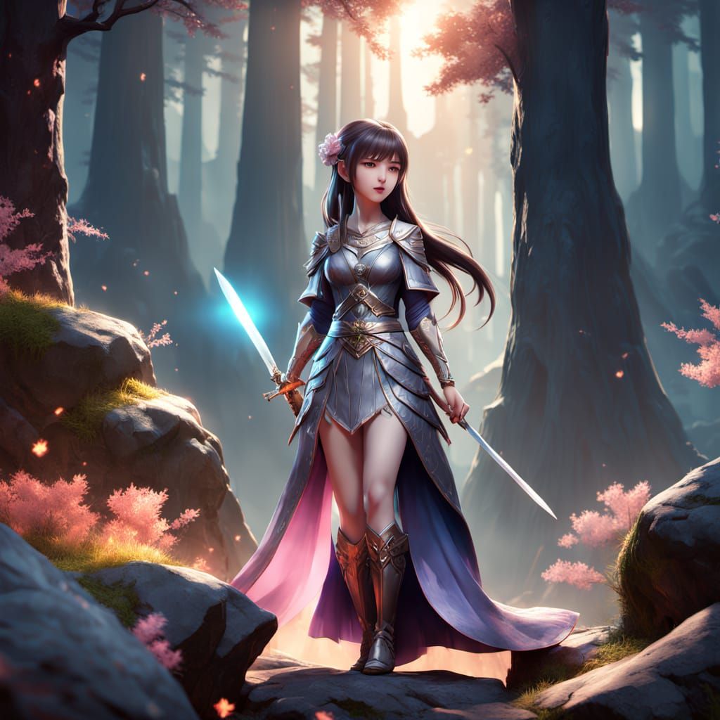 Anime Warrior with Glowing Sword on Mountain Peak