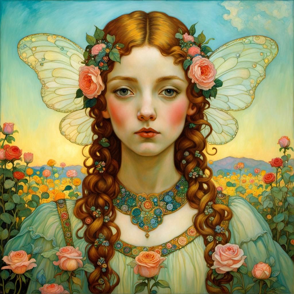 Detailed Flower Fairy with Roses, Art Nouveau Style