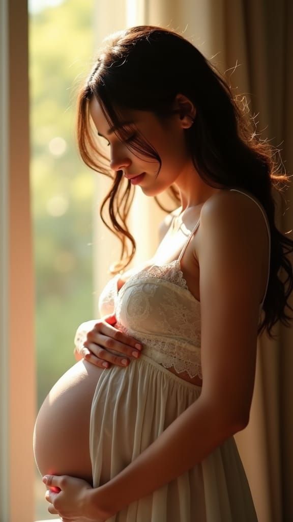Expectant Brunette in Golden Light: High-Resolution Portrait