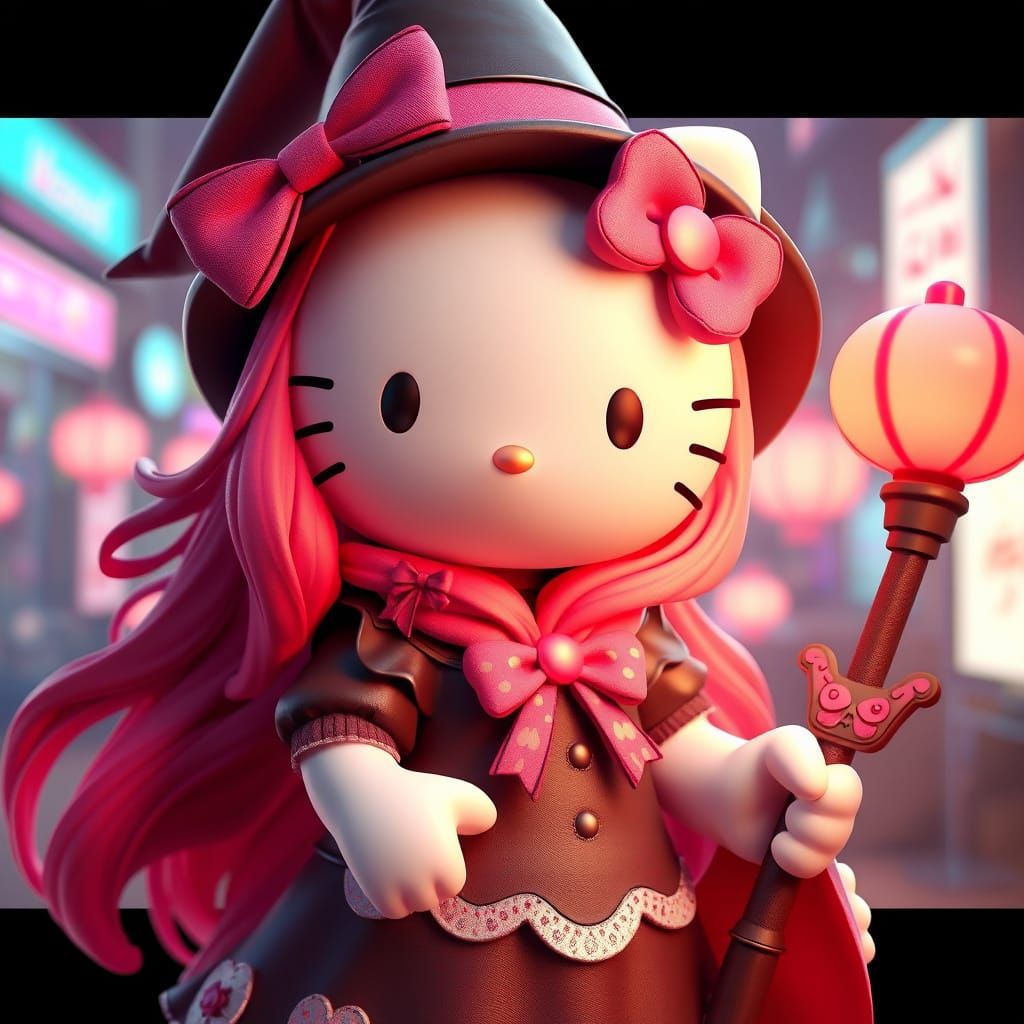 Surreal Anime Art of a Witch Hello Kitty