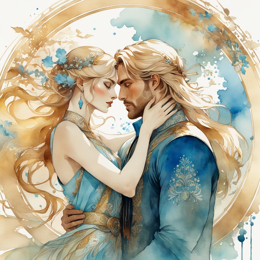 Watercolor Painting of Loving Couple with Golden Auras