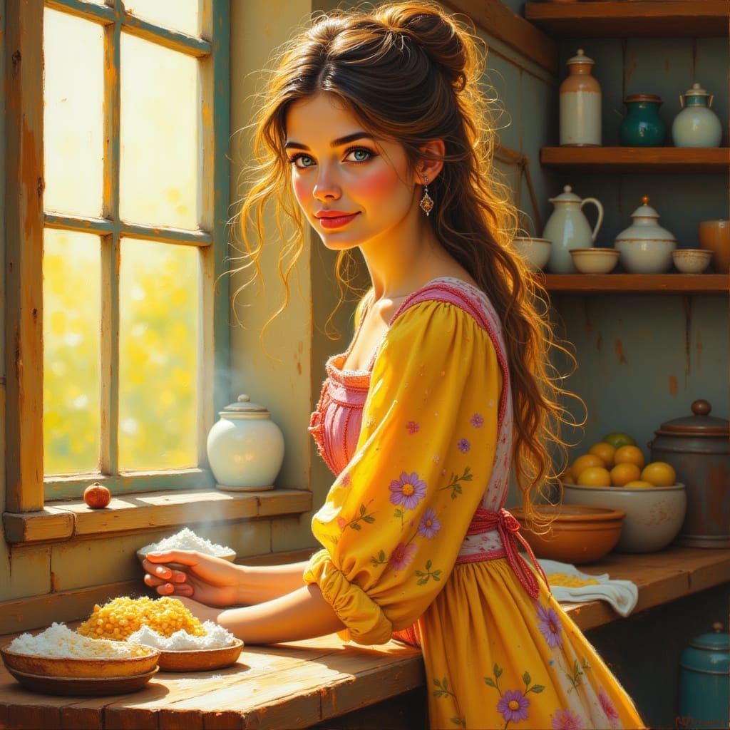 Joyful Woman Baking Cake in Sunlit Kitchen