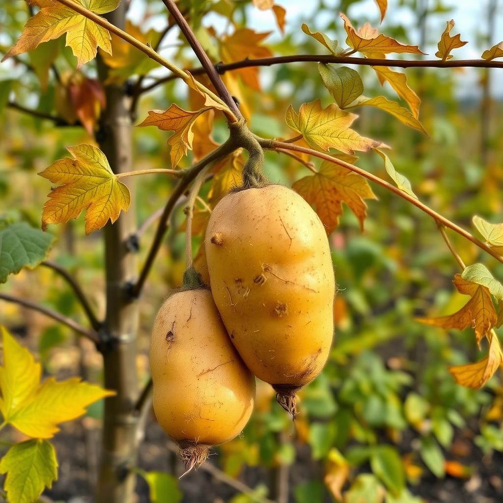 Autumnal potato fruit growing on a potato tree