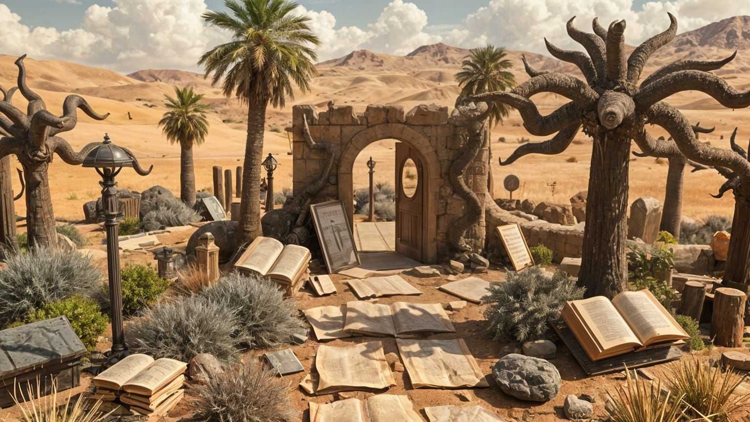 Surreal Desert Oasis: A Garden of Books