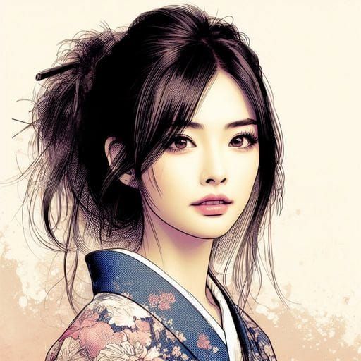 Beautiful 19th Century Japanese Woman, Splash Art Portrait