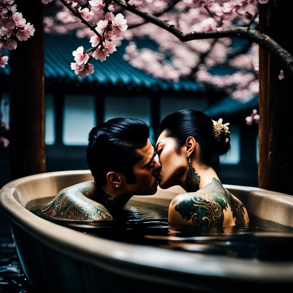 Japanese Woman and Yakuza Husband Kissing in Bathtub