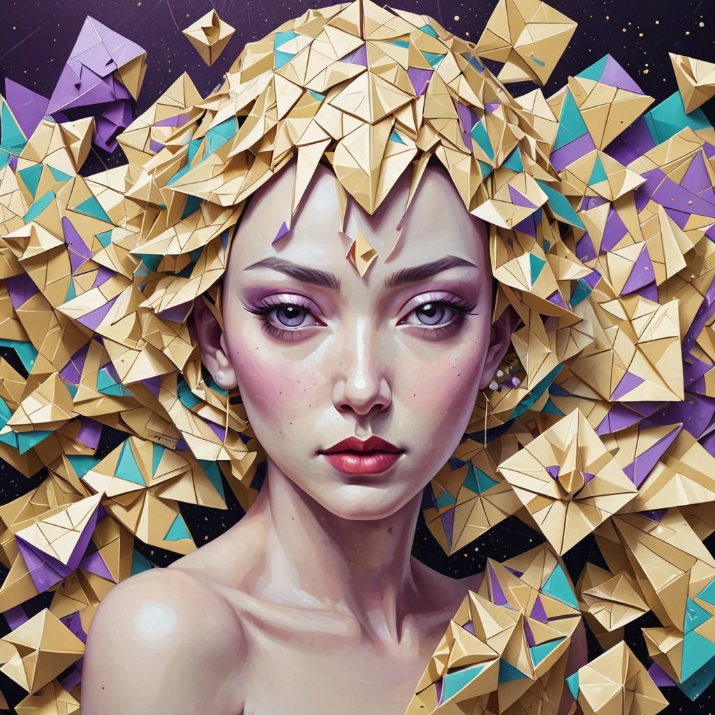 Hyperdetailed Golden Origami in Cubist Art Deco Style