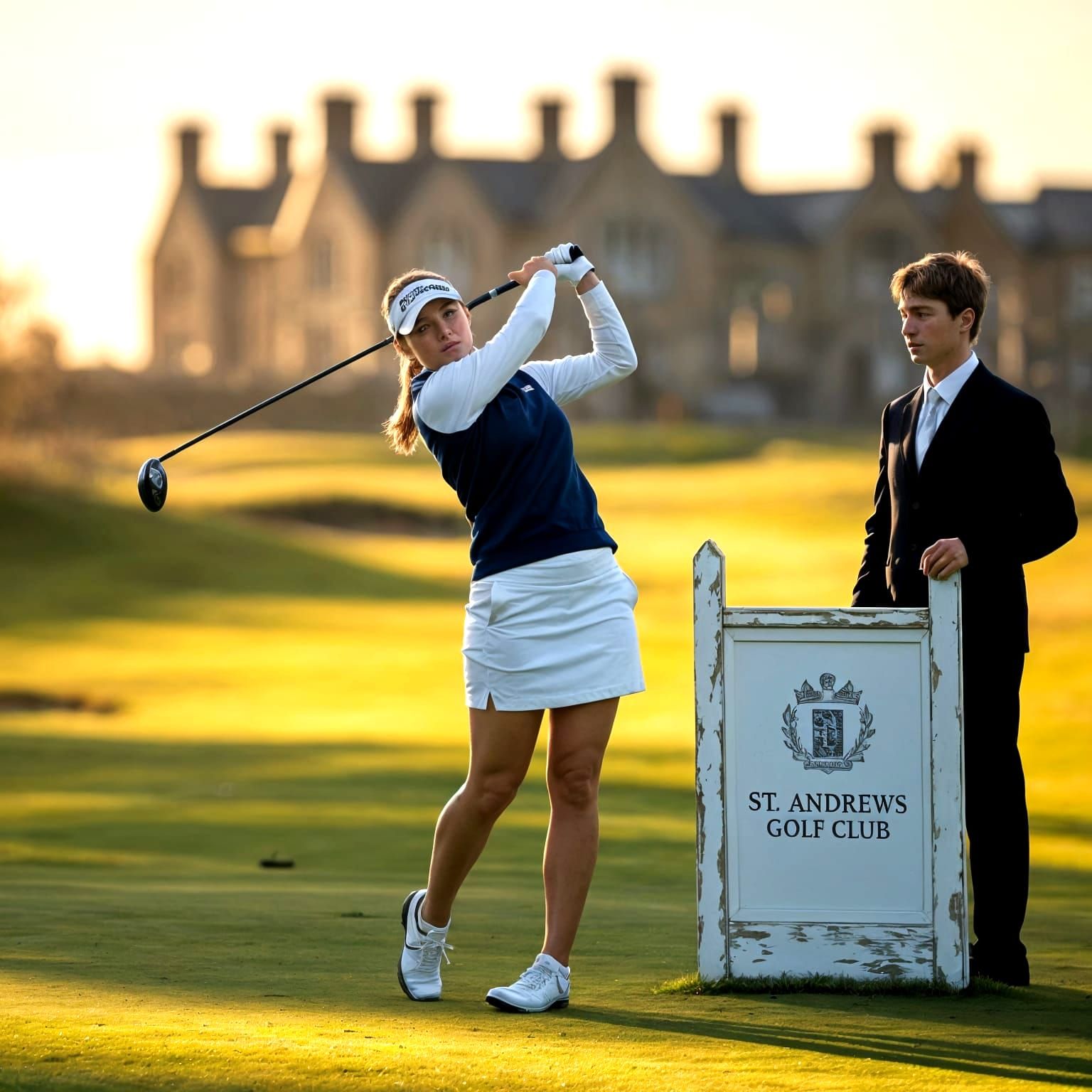 Female Golfer at St Andrews in Golden Sunlight