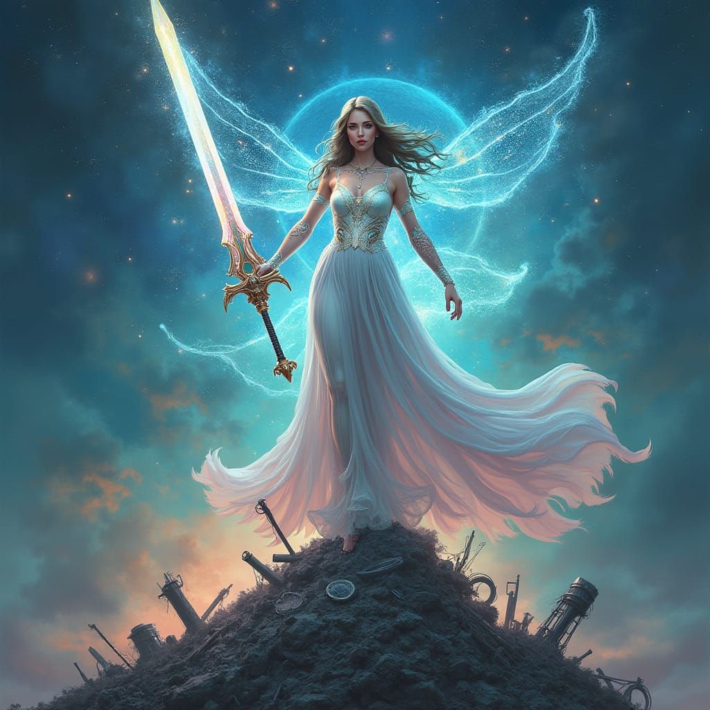 Android Goddess with Sword in Art Nouveau Style