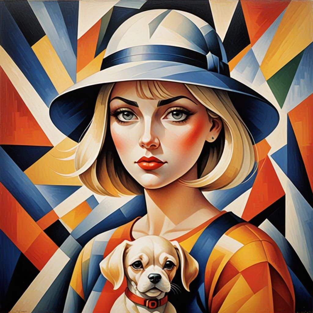 Girl Walking Dog in Abstract Cubism Style