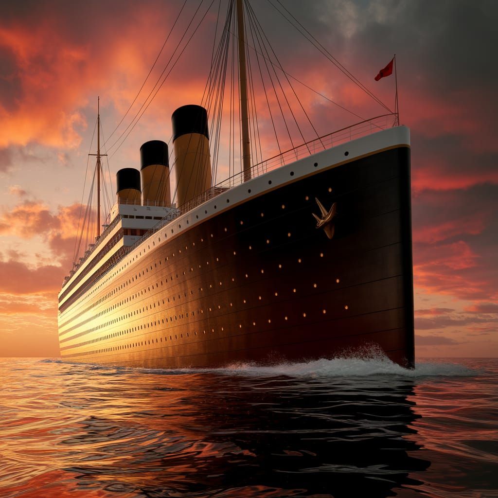 Titanic in Golden Sunset Light: A Maritime Photograph