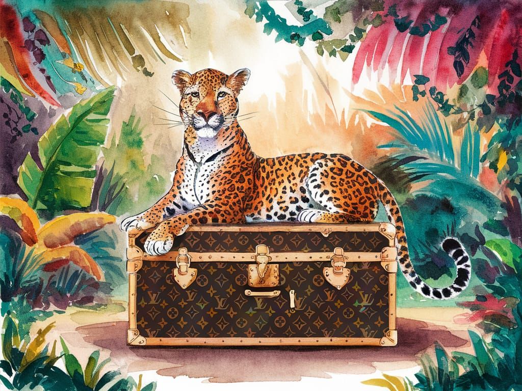 Leopard on Louis Vuitton Trunk, Watercolor Painting