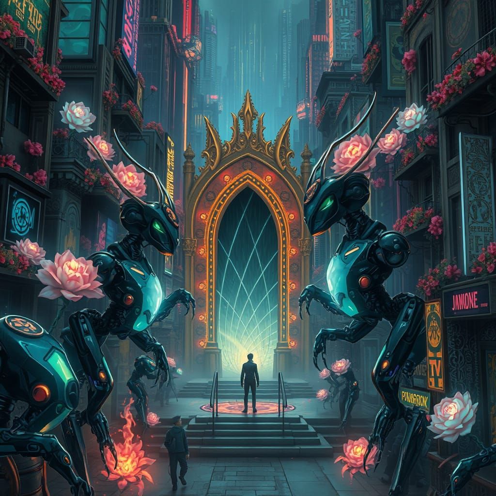 Cyberpunk Portal Shimmers with Robotic Creatures