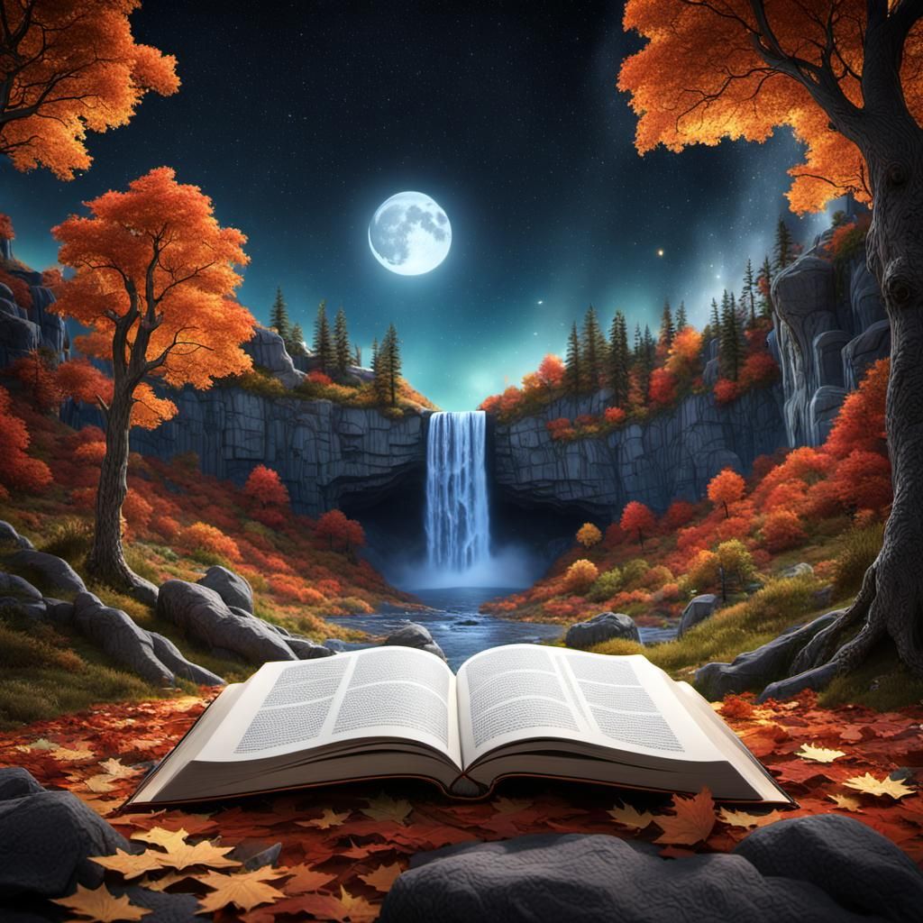 Fantastical Book with Waterfall in Autumnal Landscape