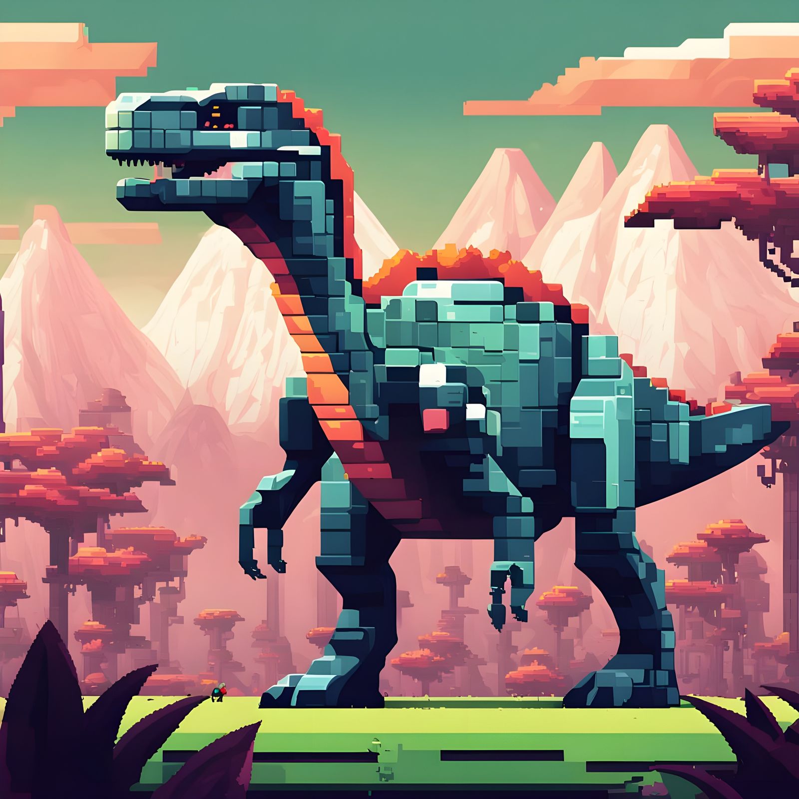 Pixel Art Dinosaur in 16-Bit Jungle Landscape