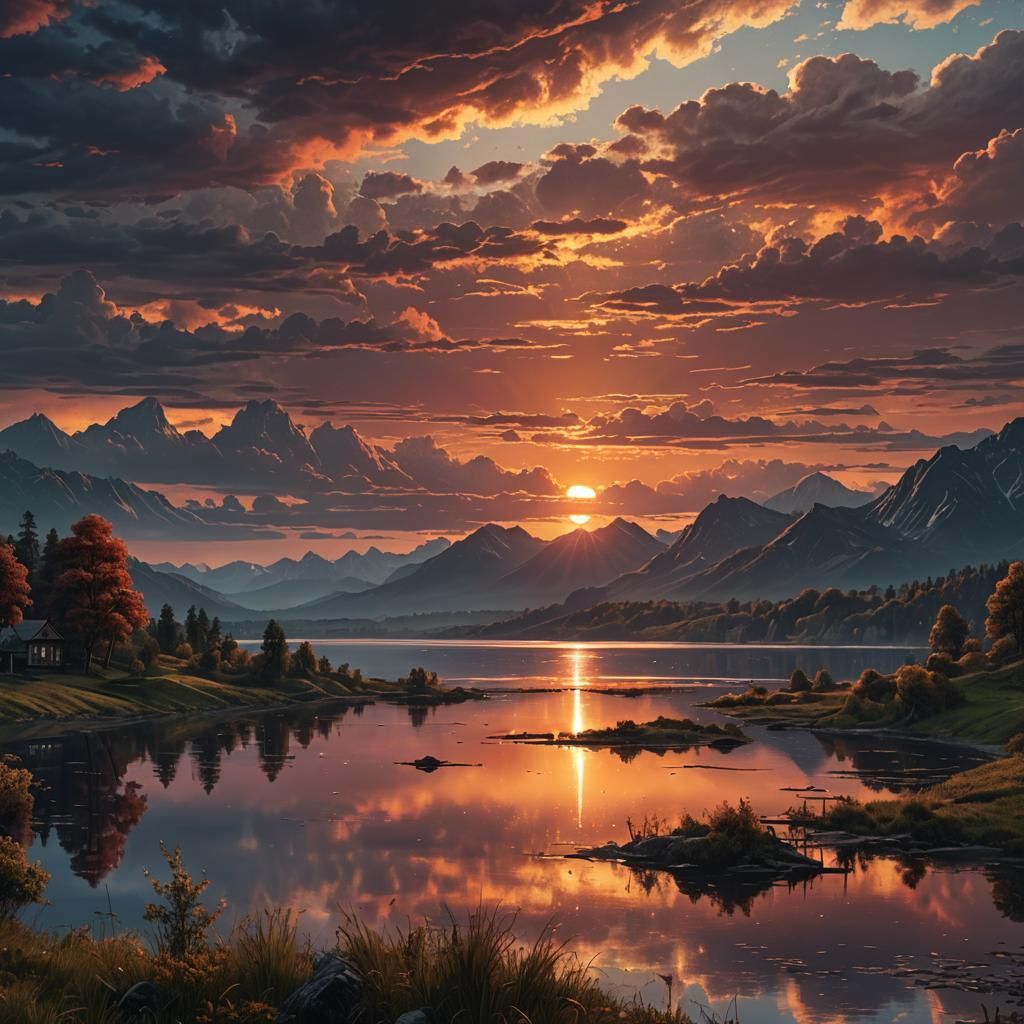 Glorious Sunset Over Lake: Digital Matte Painting