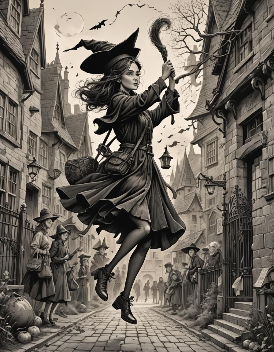 Wizard Schoolgirl Flying to School on Broomstick