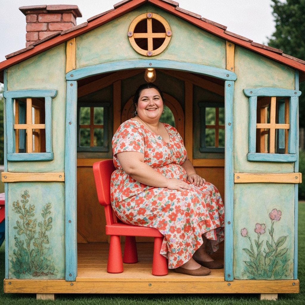 Woman on Tiny Chair in Playhouse, Watercolor Style