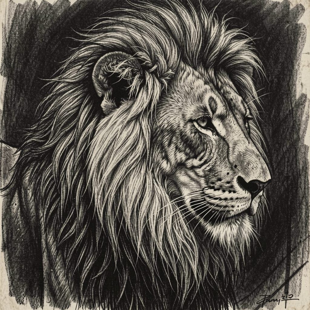 Majestic Lion Charcoal Drawing with Dramatic Lighting