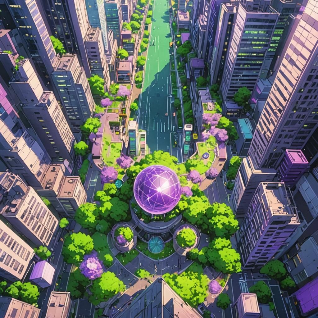 Lush Purple and Green City in Anime Style
