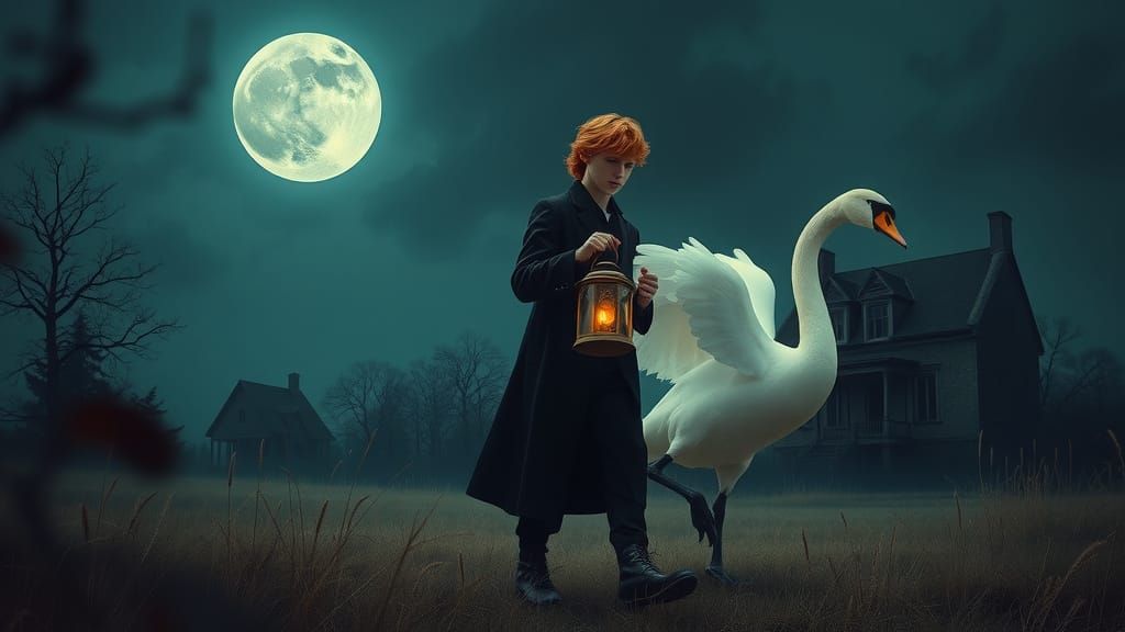 Ethereal Swan Journey Through Moonlit Field