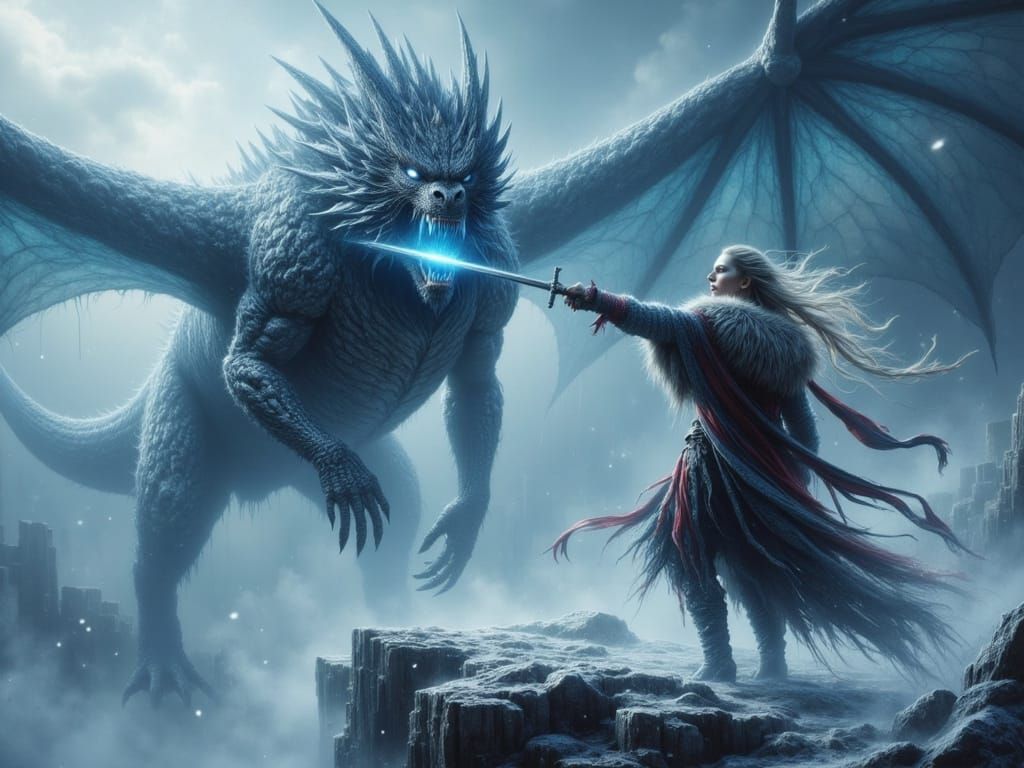 Fierce Female Viking Warrior Defies Fiery Dragon in Snowy Ca...