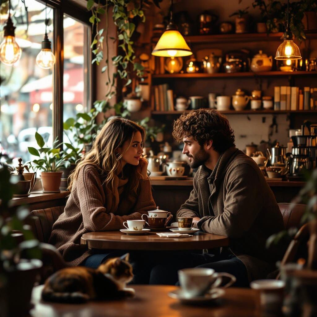 Couple's Intimate Moment in Cozy Tea Shop, Realistic Style