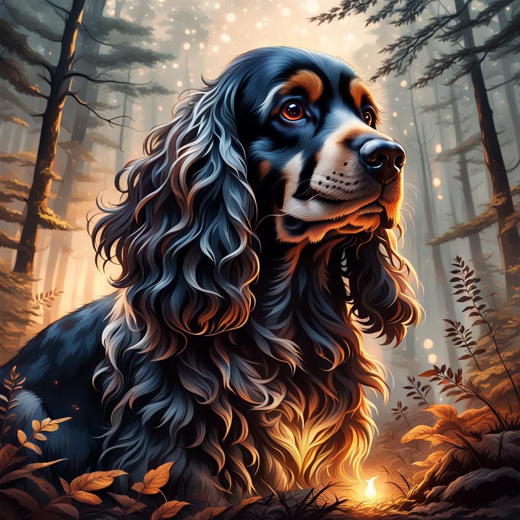 Cocker Spaniel in Misty Forest: Fantasy Concept Art