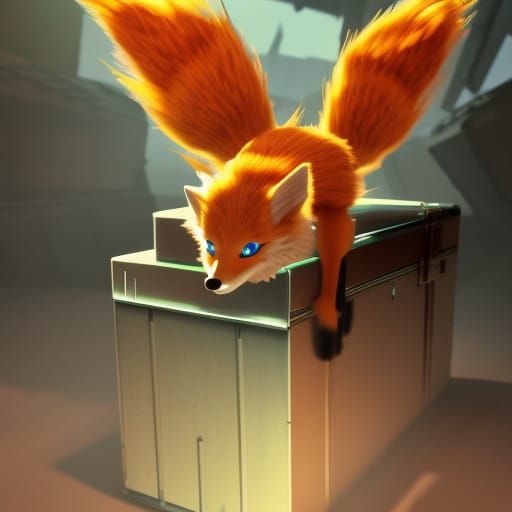 Futuristic Two-Tailed Fox in Box, Sci-Fi Render