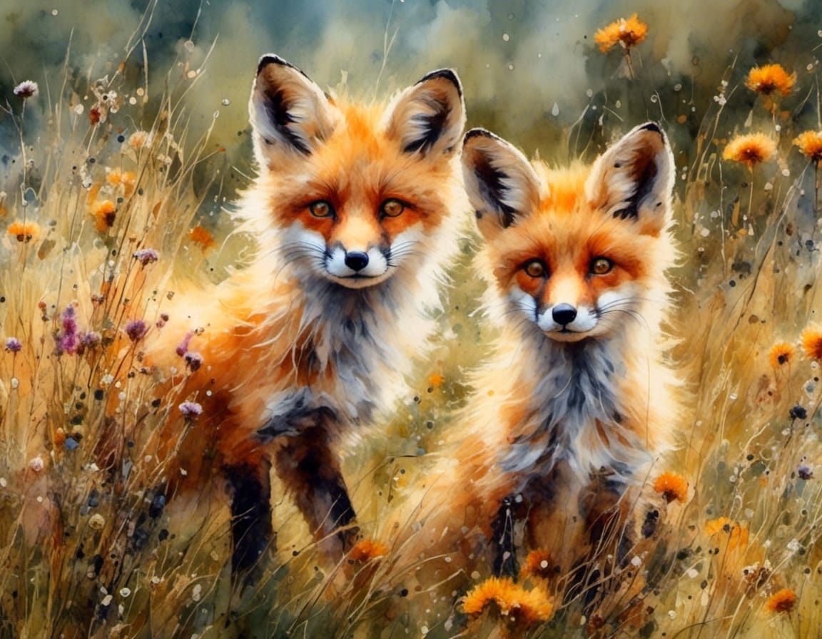 Hyperrealistic Fox Cubs in Wildflower Meadow