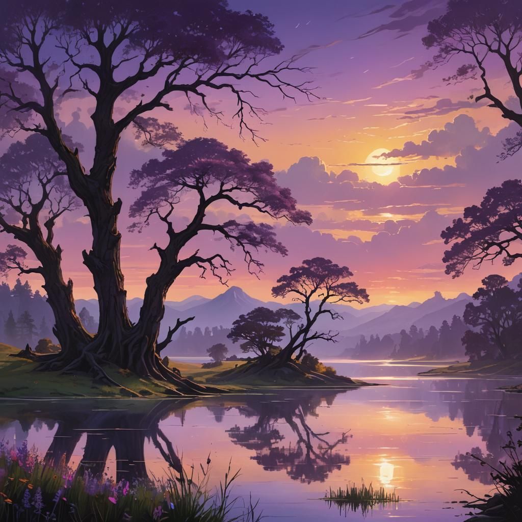 Ethereal Lake Landscape at Sunset in Romantic Style