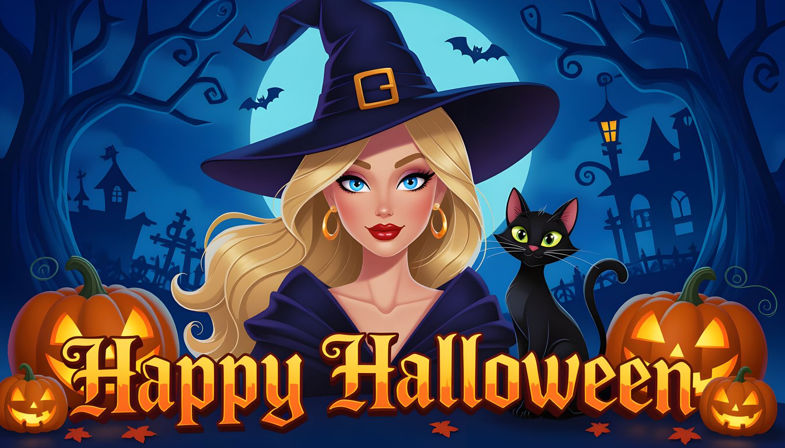 Happy Halloween Cartoon Scene with Witch and Cat