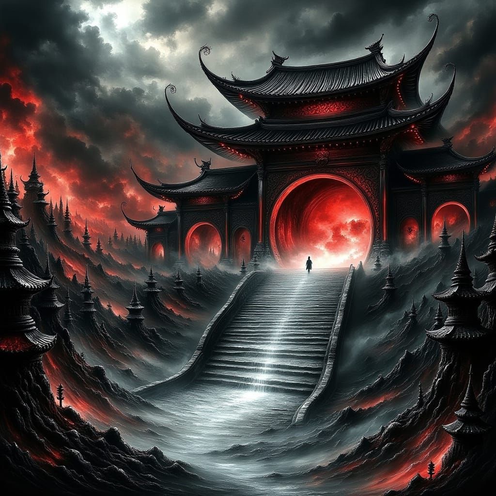 Dramatic Chinese Temple in Dark Fantasy Style