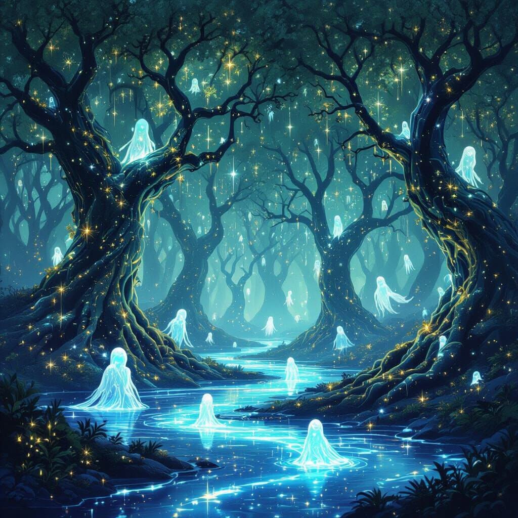 Bioluminescent Starlight Forest with Cosmic Ink Ground