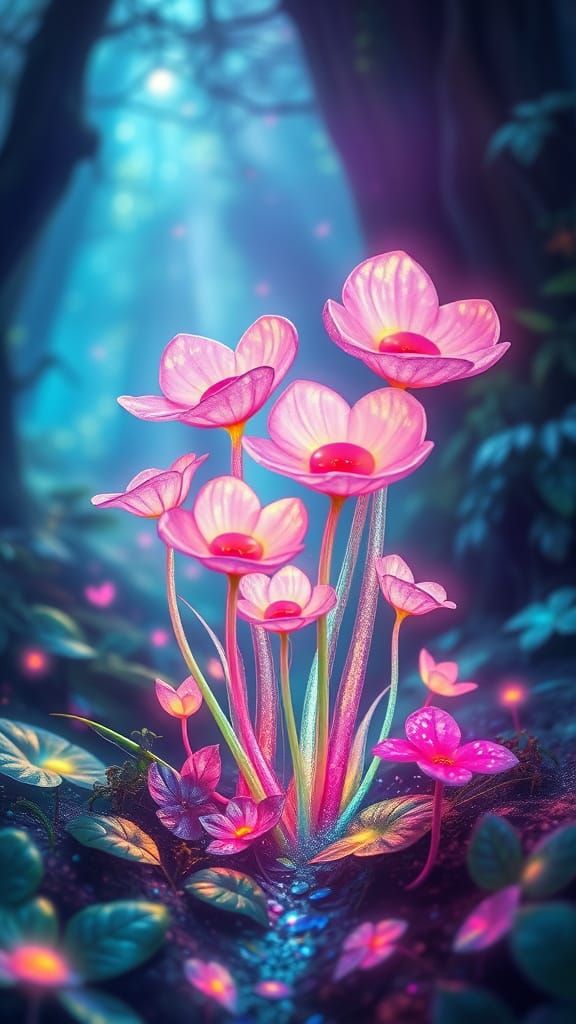 Surreal Iridescent Flora in a Dreamlike Forest