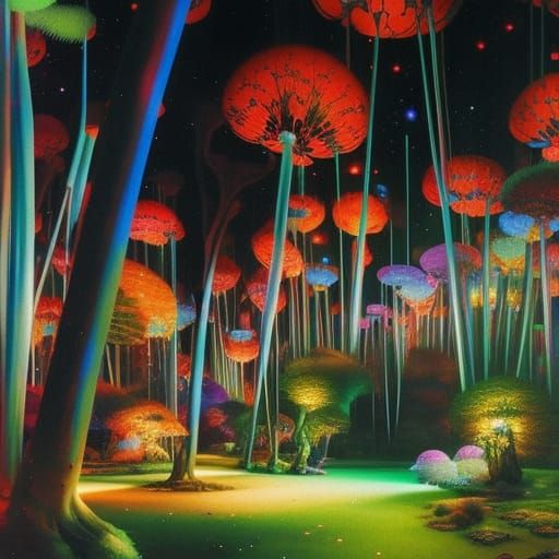 Bioluminescent Flower Garden Under Starry Night Sky