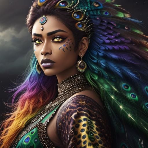 Woman with Rainbow Scales and Peacock Hair