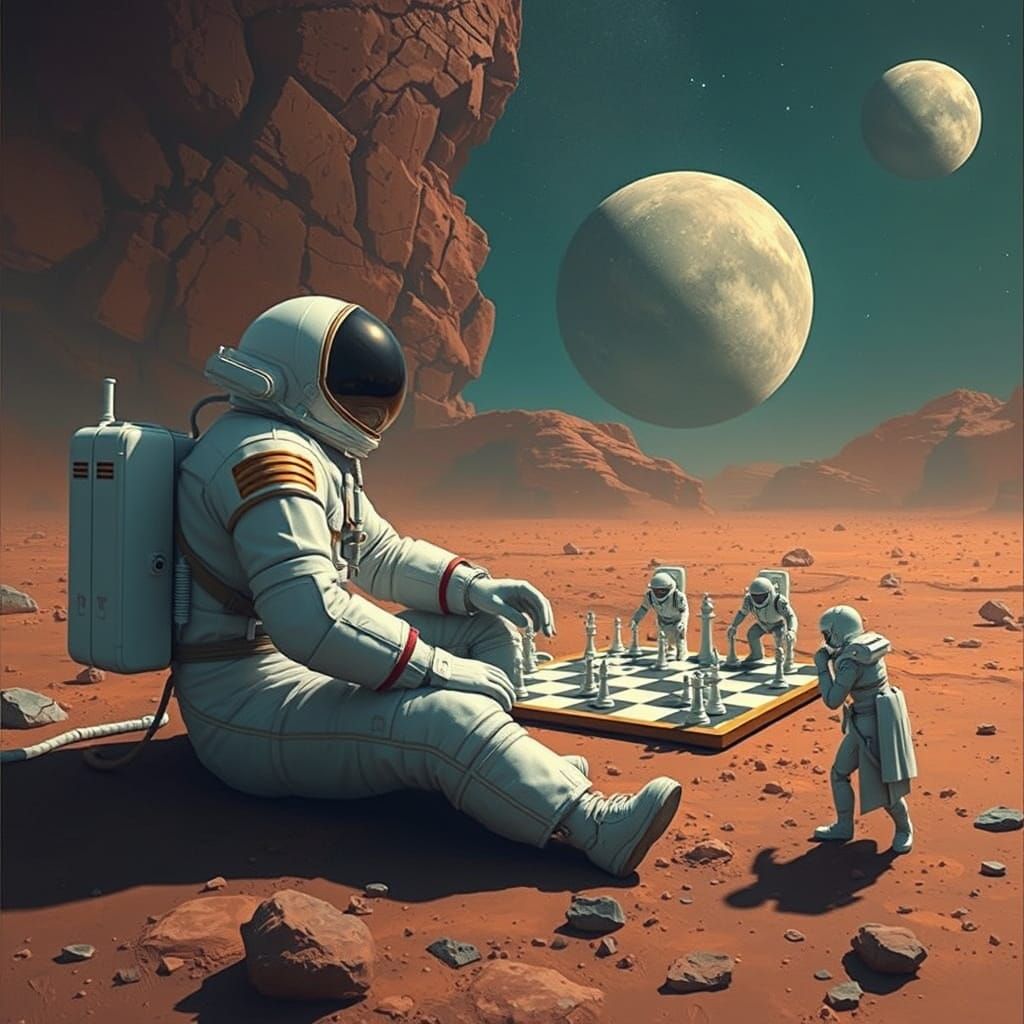 Astronaut Plays Chess on Mars in Surreal Digital Art