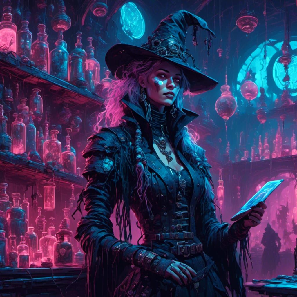 Cyberpunk Witch Apothecary with Neon Tech